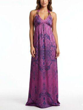 Kouture by Kimora Lee Simmons Purple Paisley Halter Maxi Dress Beaded Accents M